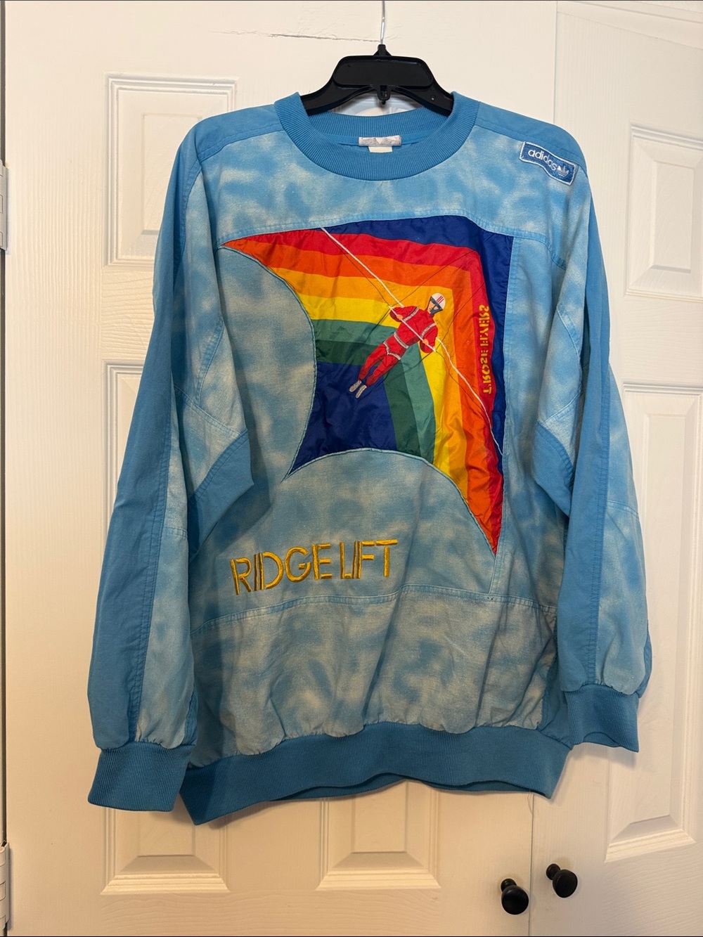 80s Vintage!!! adidas Blue Crewneck with Rainbow Kite Graphic